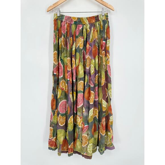 Vintage 90’s Fruit Print Maxi Skirt Cotton Drawstring Watermelon Citrus Midi - Picture 7 of 9
